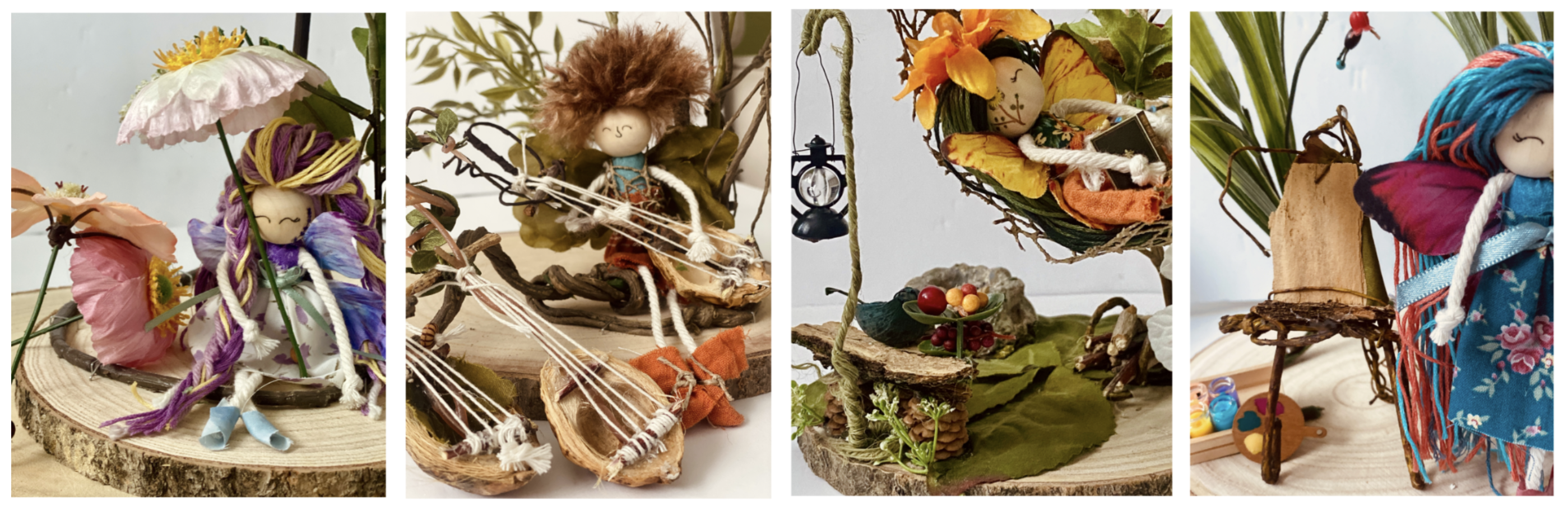 Four handcrafted faerie scenes: a faerie beneath a flower umbrella, a faerie playing a walnut-shell instrument, a faerie hammock nook with fruit and a lantern, and a faerie beside a wooden easel with paints