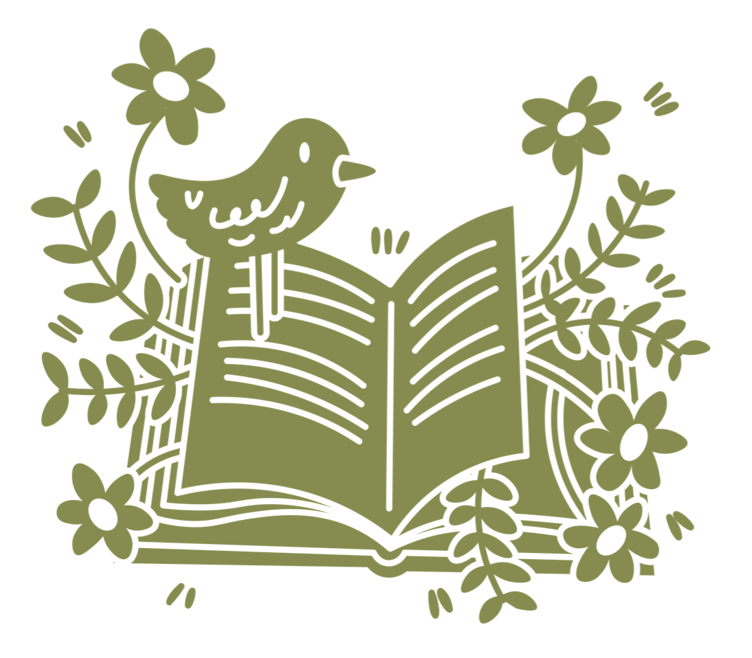 Illustration of an open book surrounded by birds and flowers